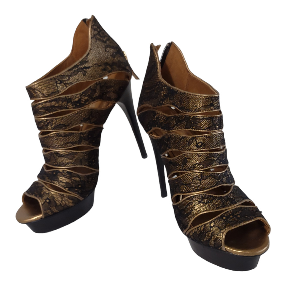 ELIE TAHARI Black Stiletto Lace Ankle Boots Sz 8.5 Leather Platforms Skinny Heel